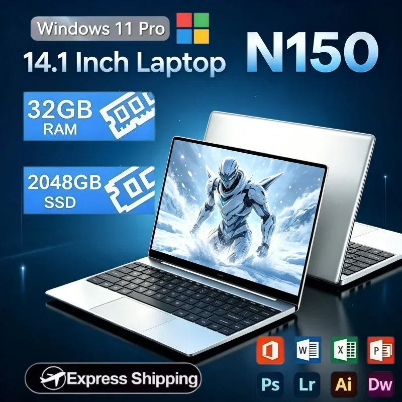 14.1" Ultra Slim Windows11 Laptop PC Intel N150 Processor 32GB RAM 2TB SSD Lightweight Notebook For Business Study Entertainment