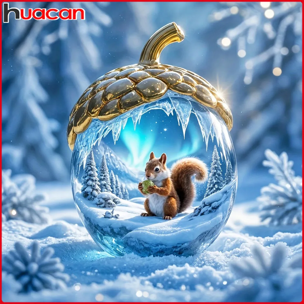 Huacan Diamant-Gemälde, Eichhörnchen, Winter, Diamant-Mosaik, Tierlandschaft, vollständiges Bild aus Strasssteinen