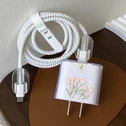 Cartoon Purple Flower ArtBite Cord Winder Holder Usb Cable Data Line Charger Protector Head Case Fast Charging For iPhone 18/20W