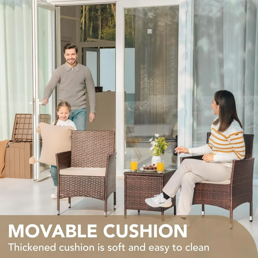 3-Piece PE Rattan Wicker Patio Set – Outdoor Porch Garden Chairs & Coffee Table | for Deck Balcony Use