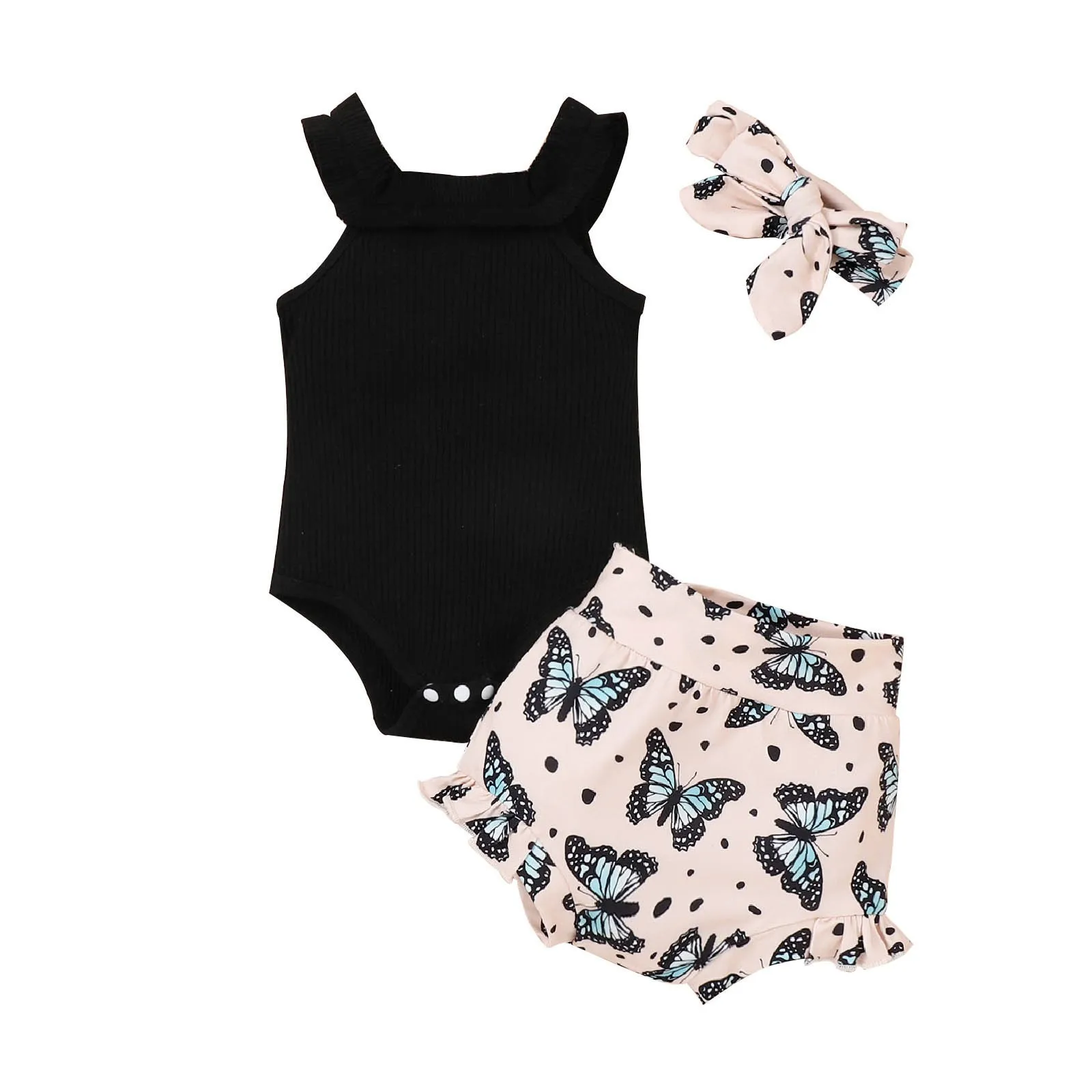 

Baby Girl Auntie Outfits Baby Sleeveless Ruffle Harness Coverall Romper Suit Flower Rainbow Print Shorts Baby Sunflower Outfit