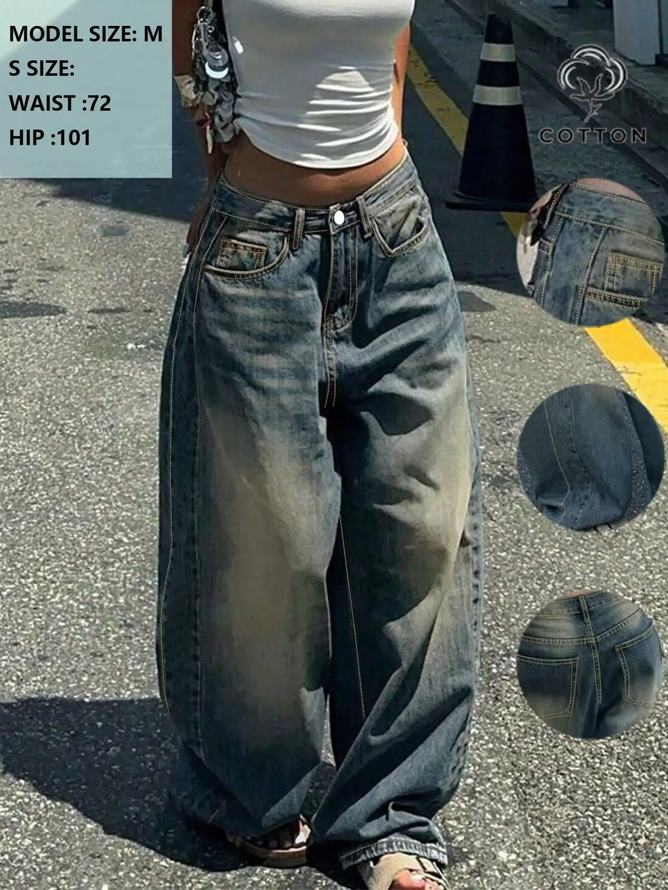 

Women's Loose Fit Wide Leg Denim Jeans with Distressed Wash Casual Street Style