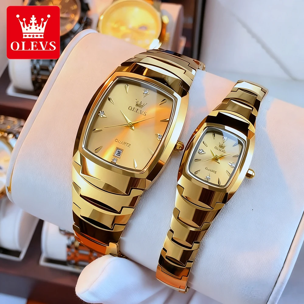 OLEVS Couple Watches Luxury Fashion Tungsten Steel Strap Original Brand Quartz Wristwatch for Lover Anniversary Gift Waterproof