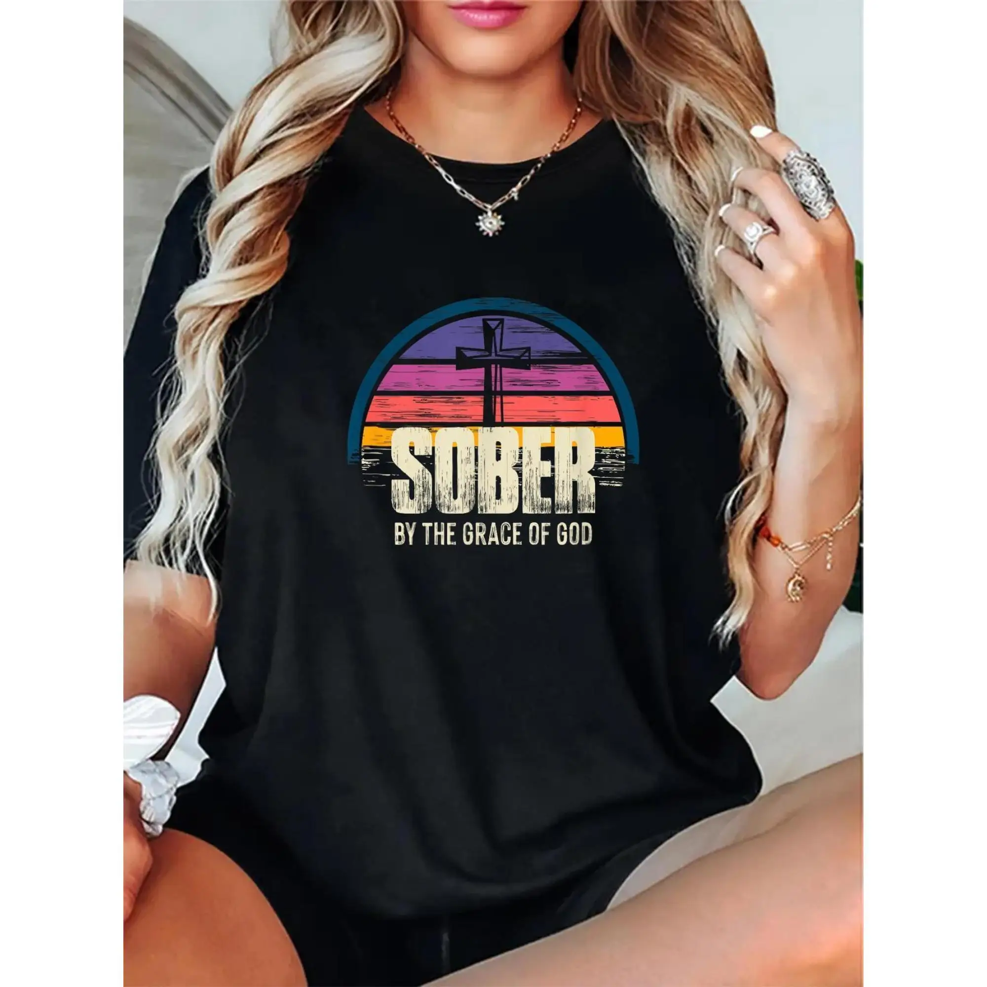 

Sober by the Grace of God - AA Recovery Christian Sobriety T-Shirt Casual Short Sleeve Shirt