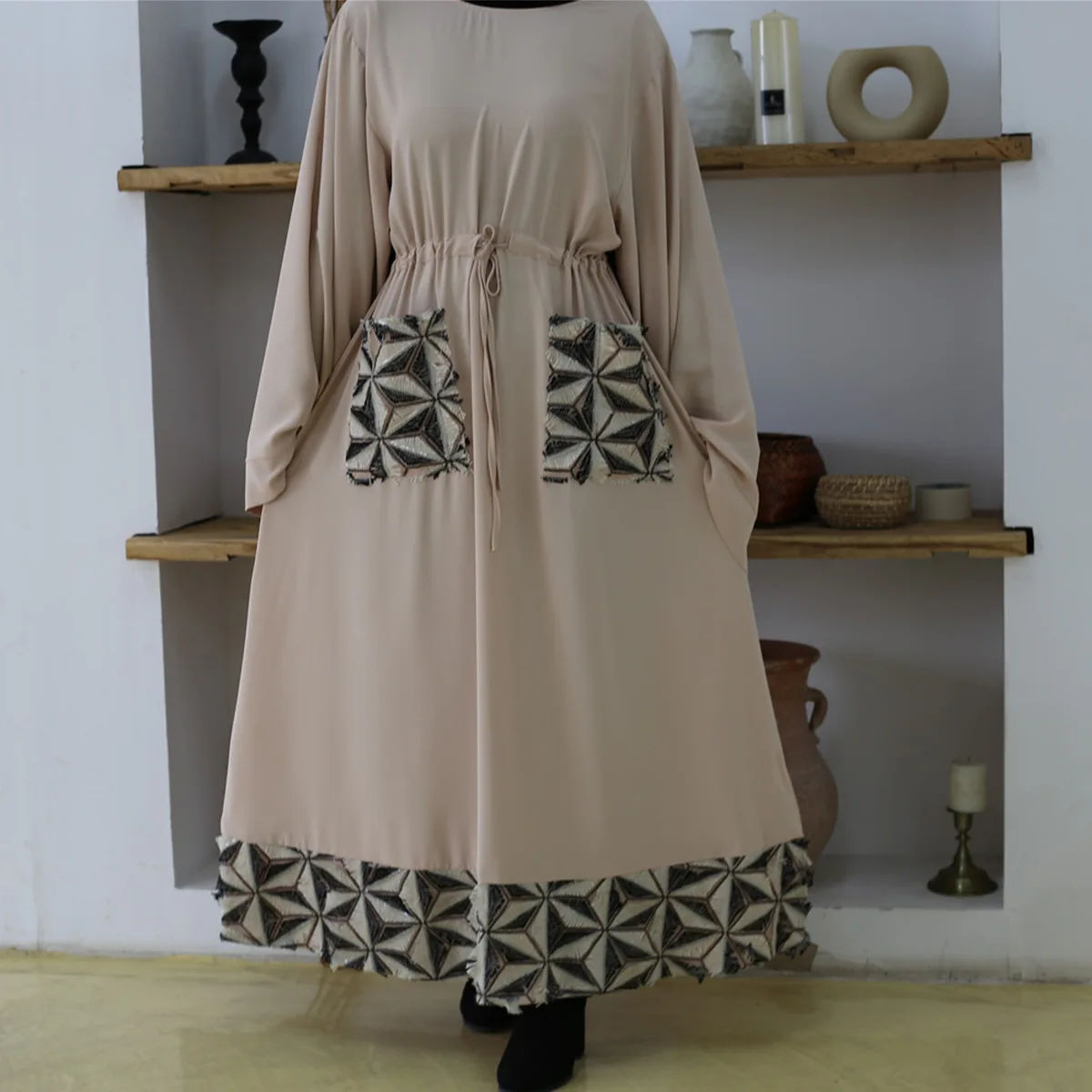 Dubai Muslim Fashion Simple Splice Tunic Arab Türkiye Dress 6402