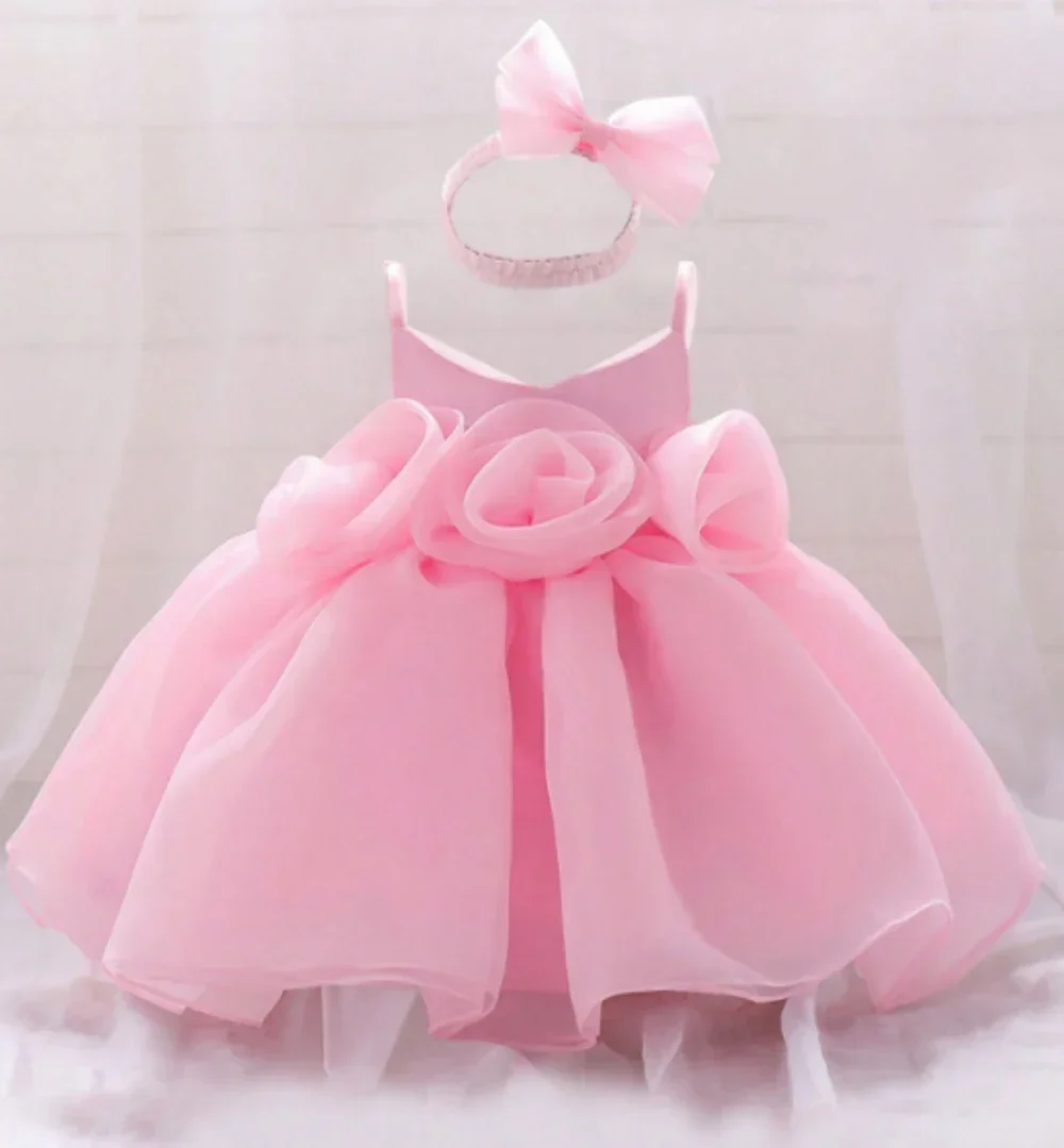 

Big Flower Baby Girl Dress Elegant White Baptism 1st Birthday Party Princess Kids Dress For Girl Wedding First Communion Costume