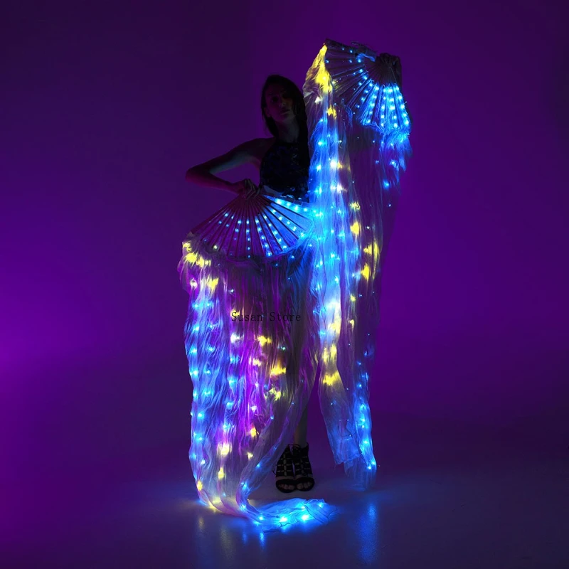 LED a colori danza del ventre ventaglio di seta velo accessori per spettacoli teatrali ventagli lumineosi per matrimoni feste danzanti