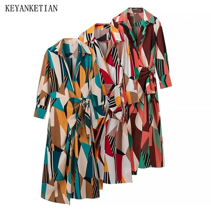 

KEYANKETIAN 2024 New Women's Wrap style Lace-up MIDI Dresses Autumn Fashion Geometric Print Asymmetrical Long Sleeve Shirt dress