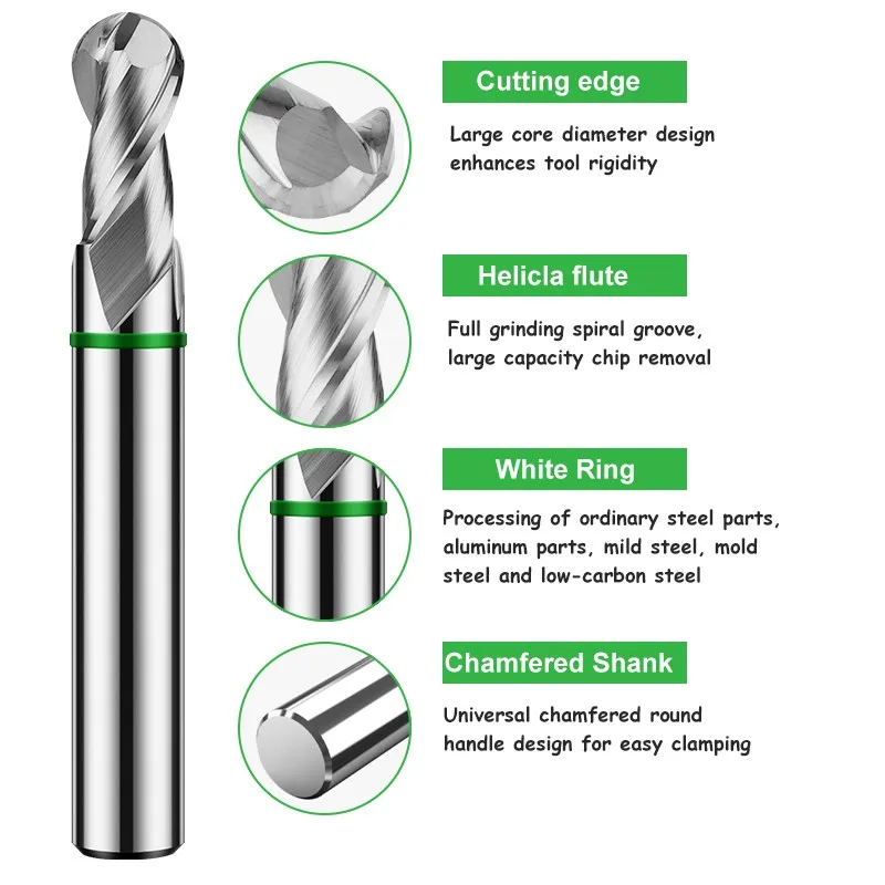 ROMTIC TGH-HRC50 fresa in alluminio carburo di acciaio al tungsteno 2F rivestimento ad anello colorato CNC utensili per frese a candela con estremità a sfera meccanica