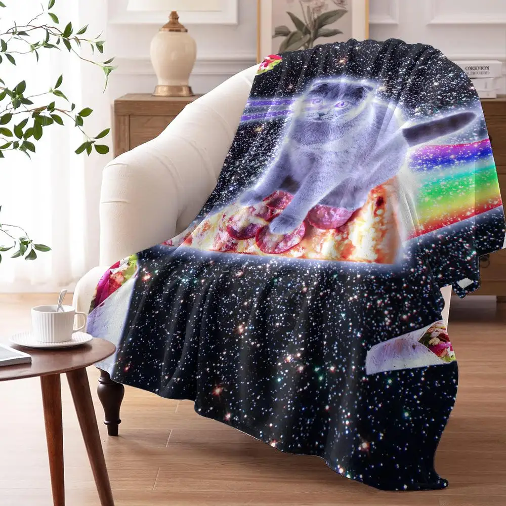 Cat Riding Rainbow Pizza Throw Soft Flannel Throw Summer AC Blanket Lightweight Cool Nap Blanket for Sofa Bed Couch Travel
