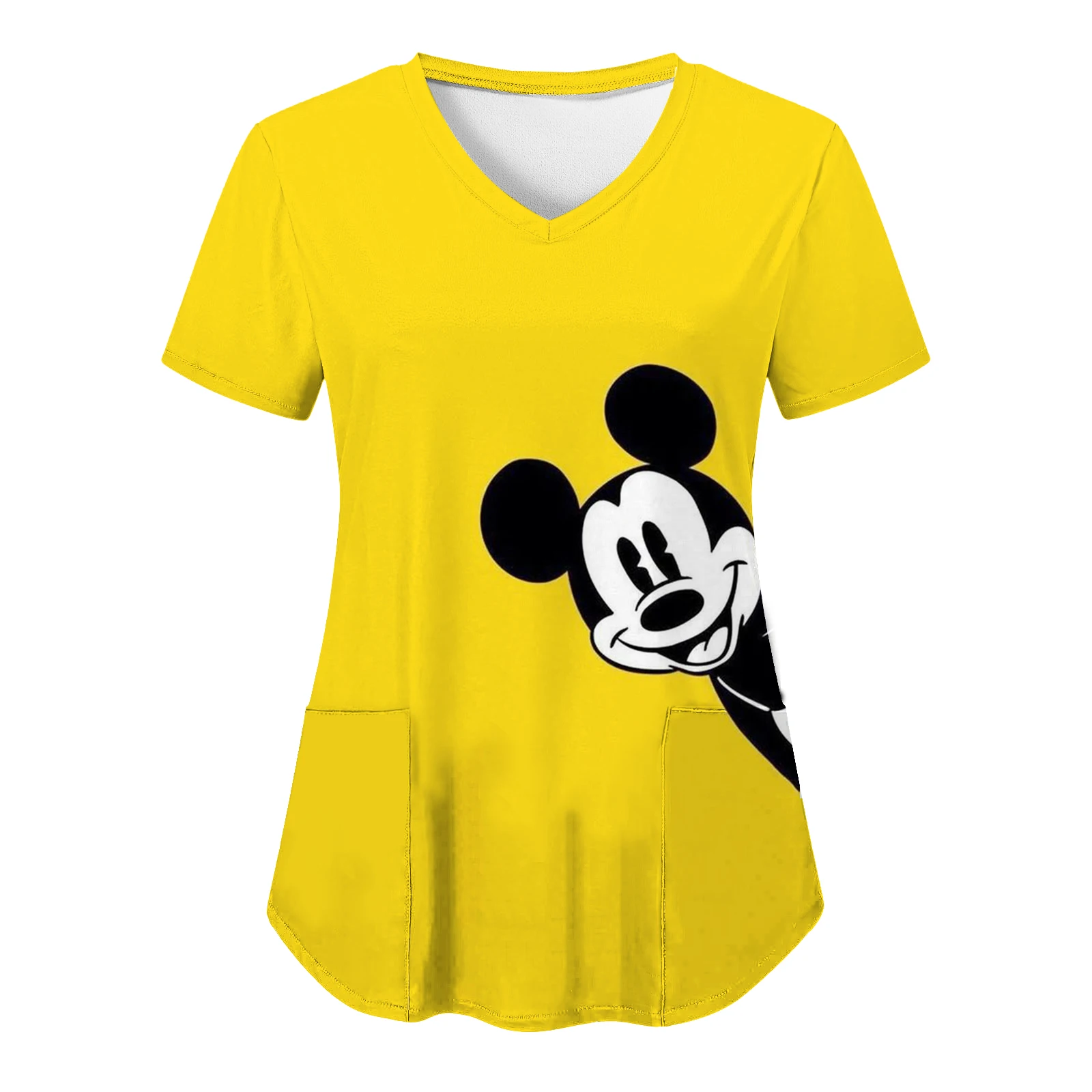 T-shirt saku kaus leher V atasan rumah sakit wanita baju Mickey Minnie Mouse T-shirt Disney Atasan Wanita 2024 seragam perawat