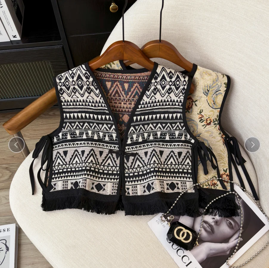 

Женский свободный кардиган с вышивкой в стиле ретро-тотем и цветами, с бахромой, хлопковый, с V-образным вырезом, без рукавов, для путешествий