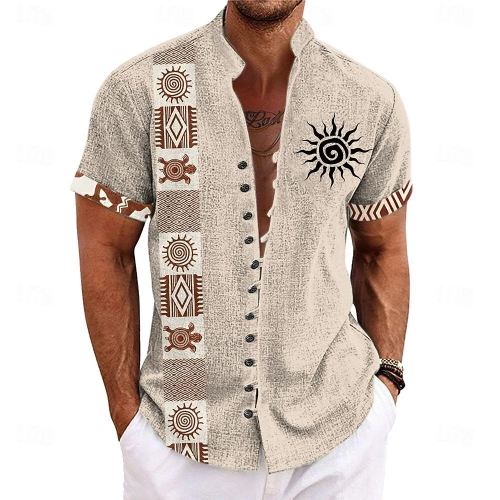 New men's short sleeved shirt with linen pattern, fashionable 3D coconut tree print, artistic high-quality shirt