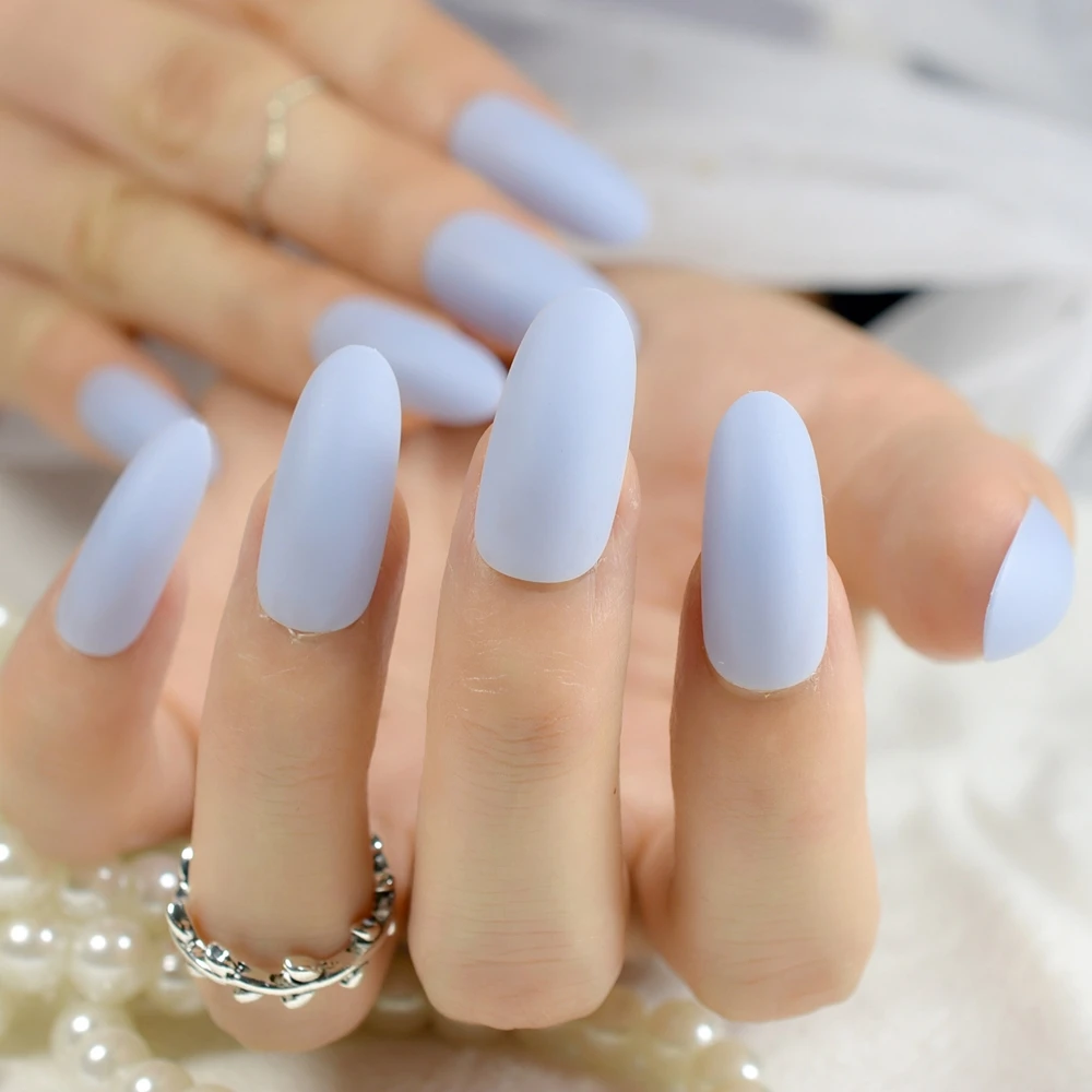 Matte Sky Blue Nail Art Tips Salon Quality Super Long Oval False Nails Fashion Fairy Pre-designed Nails