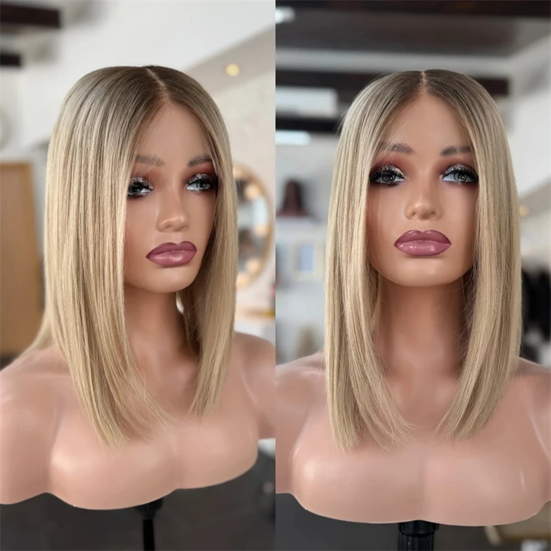 

Short Straight Bob Ombre Ash Blonde HD Lace Frontal Wig with Brown Roots Good Quality Synthetic Wigs High Density Women's Wig