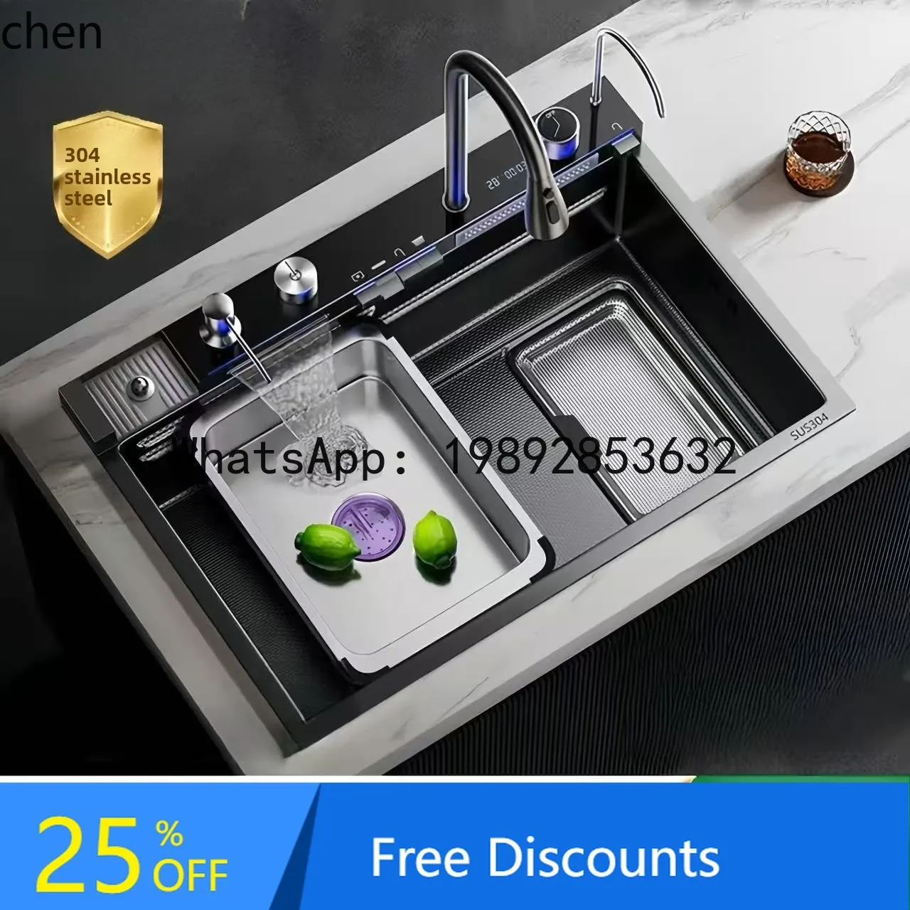 YFY  Extra Thick 5.0 Raindance Waterfall 304 Kitchen Honeycomb Single Slot Digital Display Thickened Stainless Steel Sink