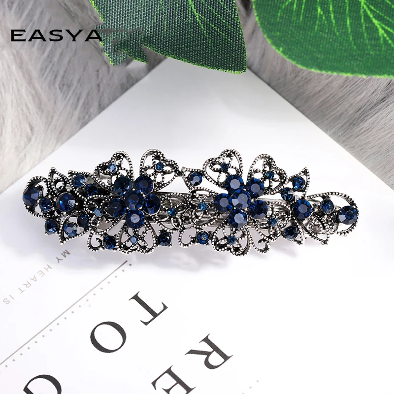 EASYA New Design Blue Rhinestone Hair Barrettes For Women Vintage Crystal Bowknot Flower Hair Accessories Headwear Hair Clips