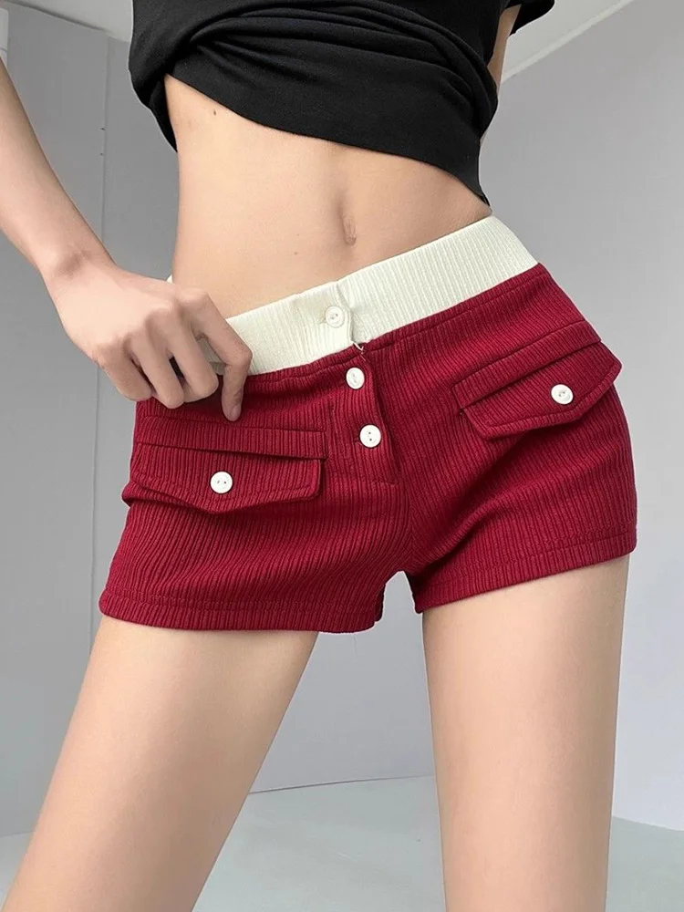 

Сексуальные вязаные шорты с низкой талией для женщин, уличная мода, шорты с высокой талией и пэчворком, облегающие, в американском винтажном стиле, женские, весна-лето, новинка