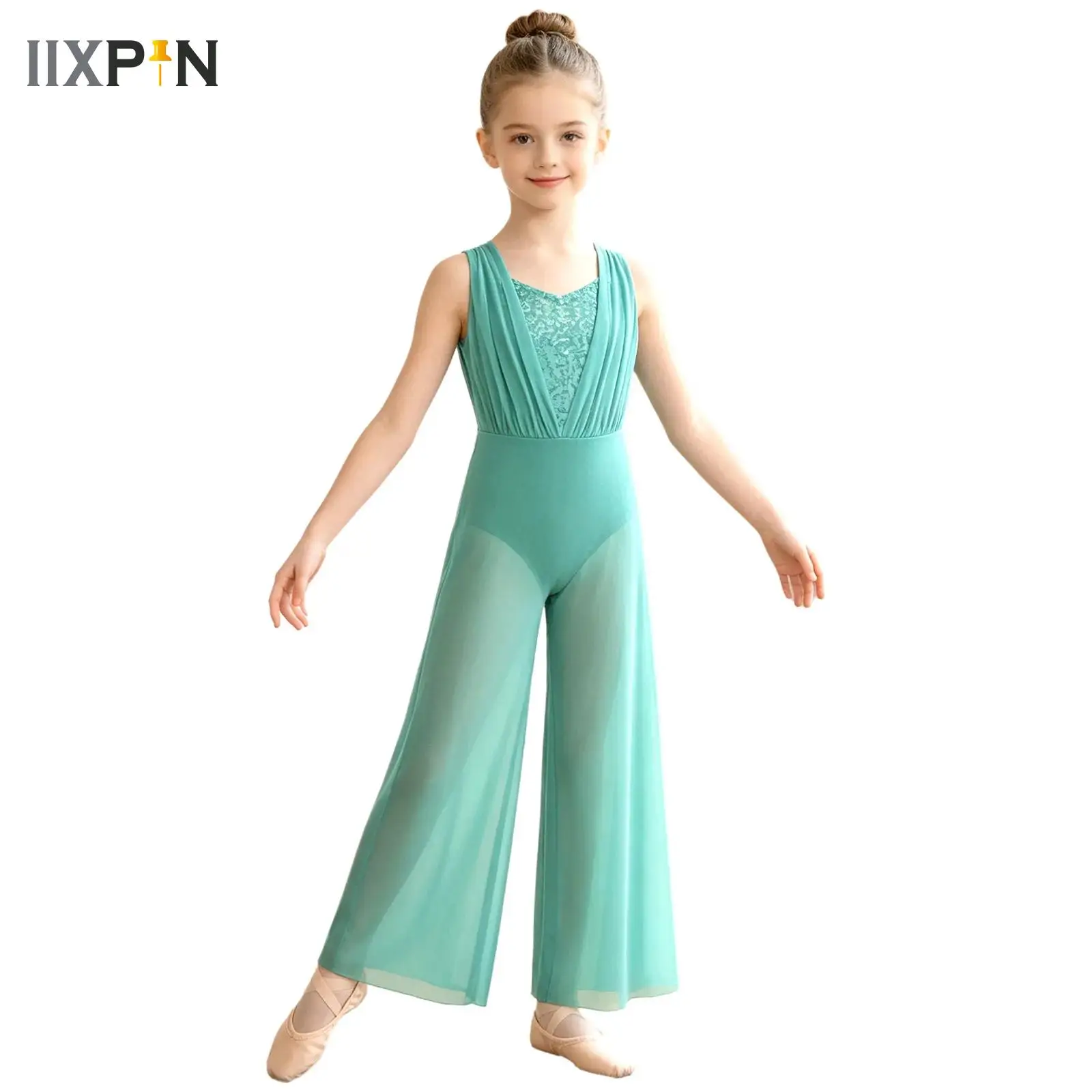 Kids Girls Lyrical Dance Jumpsuit Ballet Jazz Figure Skating Performance Dancewear Sleeveless Sequins Bodice Wide-Leg Bodysuit