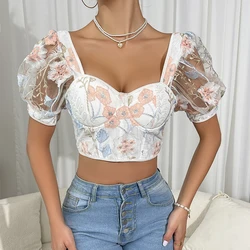 Fashion Women's Flower Embroidery Tight V-Neck Back Lace up Top Women's New Summer Sexy Casual Tank Top T-Shirt