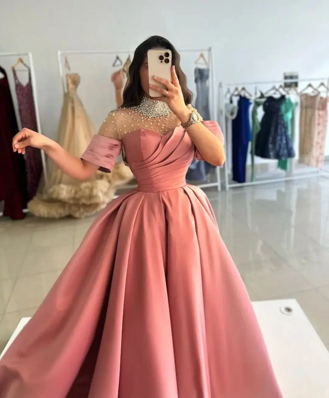 Dusty Rose Crystal Prom Dresses Long for Women 2025 Satin High Neck Beaded Short Sleeve Formal Evening Gowns Customized