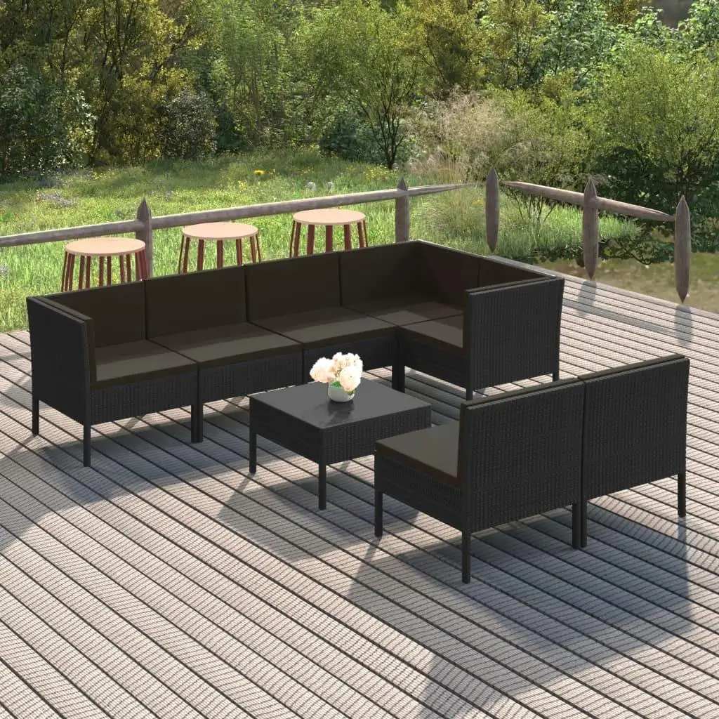 8-Piece Black Poly Rattan Patio Lounge Set with Cushions - Stylish Outdoor Furniture