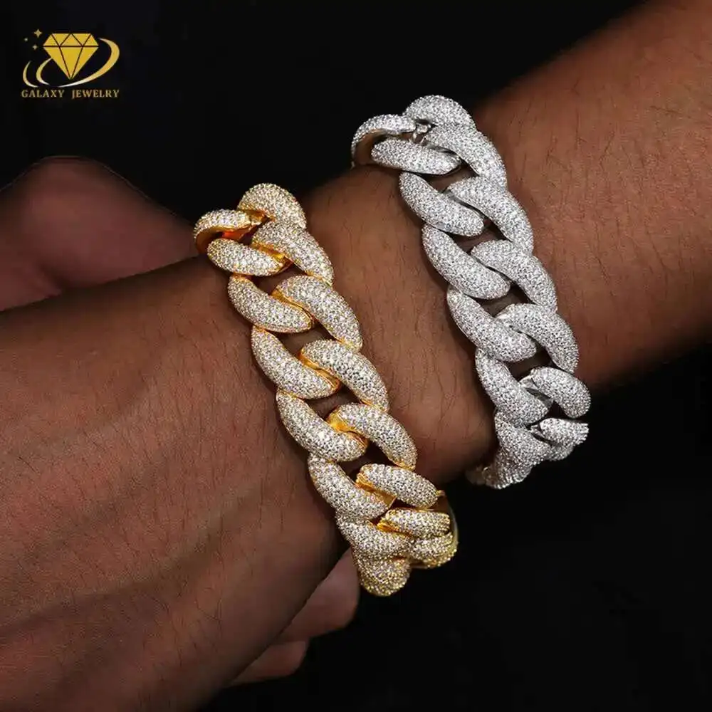 

Hiphop Bracelet Miami Cuban Chains Lab Diamond 925 Sterling Silver Gold Plated Vvs Moissanite Diamond Cuban Bracelet for Men