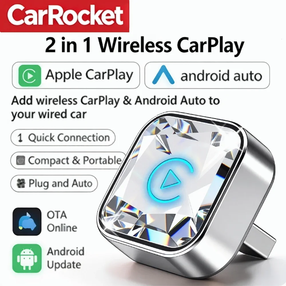 CarRocket Mini 2in1 Wireless Adapter Wireless CarPlay Android Auto For OEM Car Plug and Play WiFi Bluetooth Auto Connection