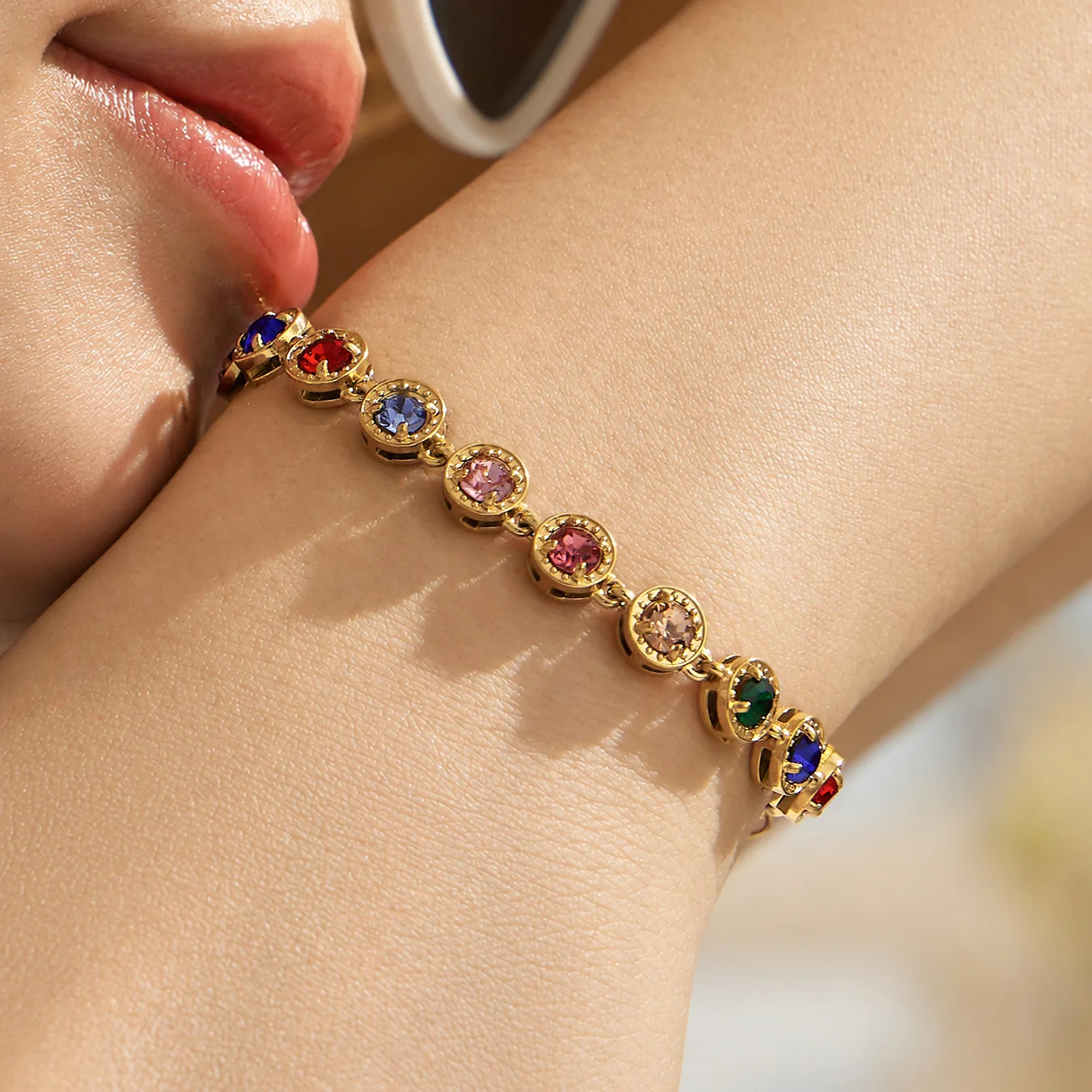 Runde Zirkon-Tennis-Halskette, Armband und Ohrringe, 18k vergoldeter Edelstahl, 3-teiliges Hochzeitsschmuck-Set – Detail 3