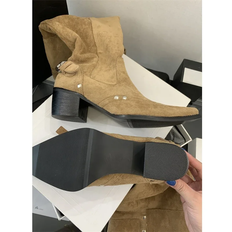 Aneikeh Autumn Winter Suede Long Booties Pointed Toe Pleated Buckle Strap Knee-High Boots Women Chunky Low Heels Ladies Shoes