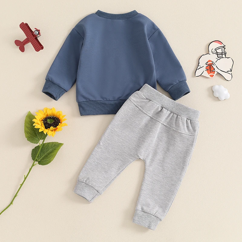 Baby Boy 2 Piece Fall Outfit Letter Rugby Print Long Sleeve Sweatshirt Elastic Waist Pants with Pockets