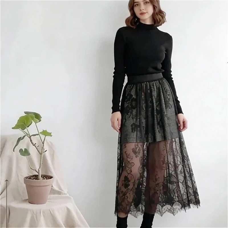 Fashion Transparent Sexy Lace Mesh Skirt Elegant Lace Long Tulle Skirt Elastic High Waist 2 Length Womens Skirt Ladies
