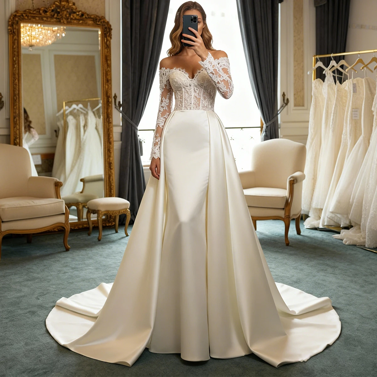 

Luxury Lace Sweetheart Mermaid Wedding Dress With Train Long Sleeve Sheath Satin Bridal Party Gown For Bride vestido de novia