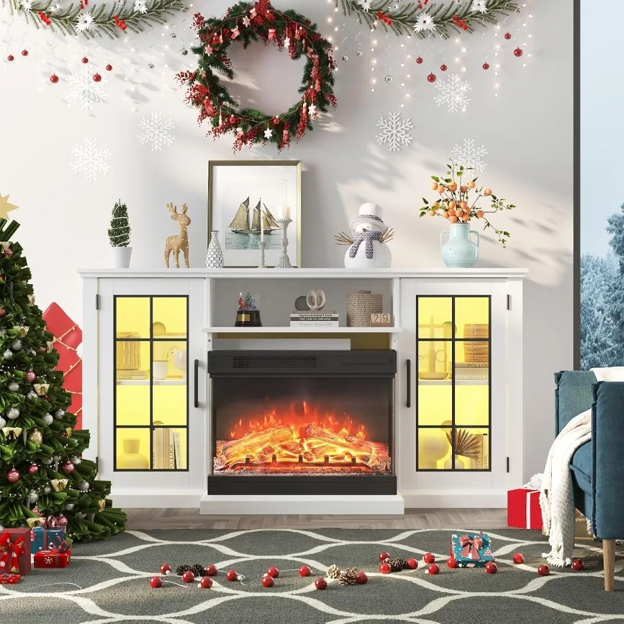 Soporte para TV con chimenea eléctrica de 59 pulgadas, con colores de luz LED y marco calefactable, consola de TV moderna, mueble para decoración para sala de estar