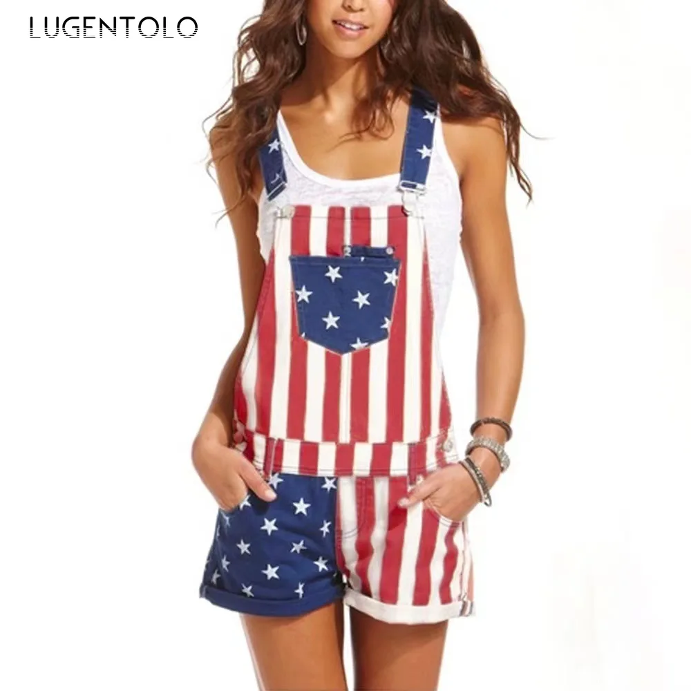 

Independence Day Flag Rompers Women America Overalls Suspenders Summer Pocket Female Casual Street Short Straight Leg Playsuits