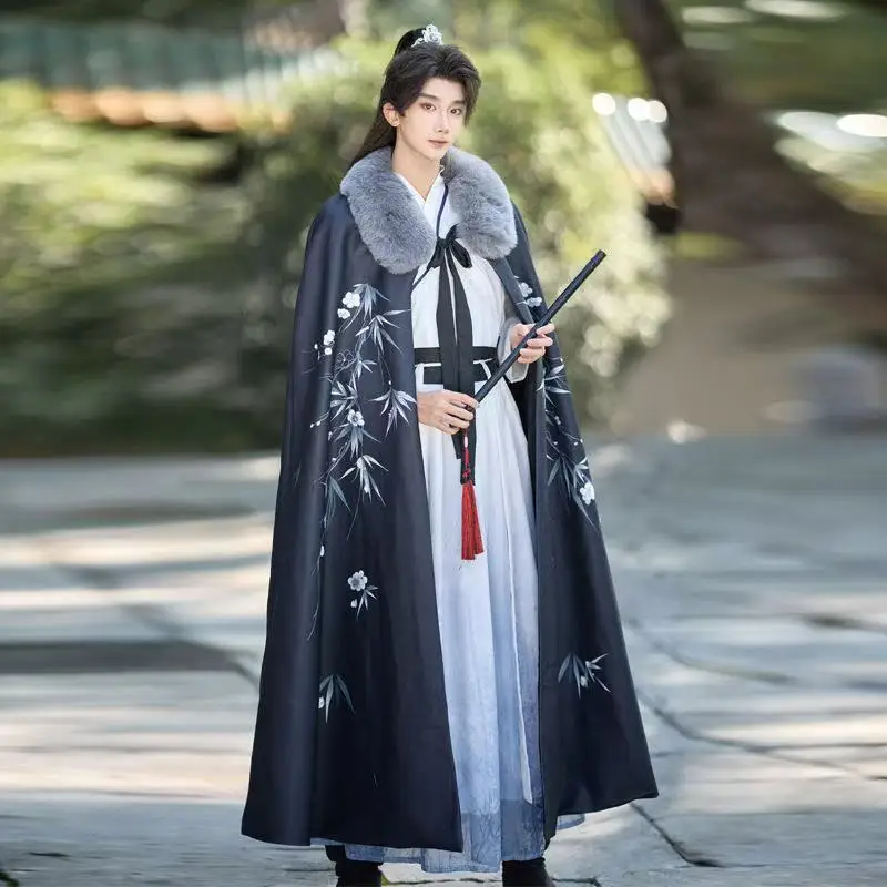 Original Autumn Winter Bamboo Hanfu Cloak Thicken Velvet Dense Plush Collar Outer Long Robe Ancient Handsome Knight Riding Cape