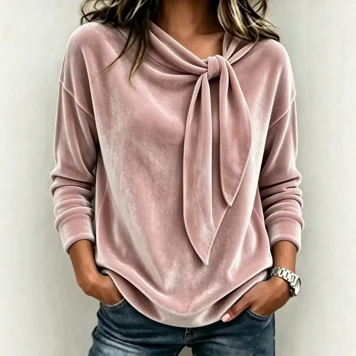 2026 Autumn Winter Solid Velvet Bow Neck Long Sleeve Blouse Women Loose Drape Tie Neck Elegant Casual Velvet Base Top