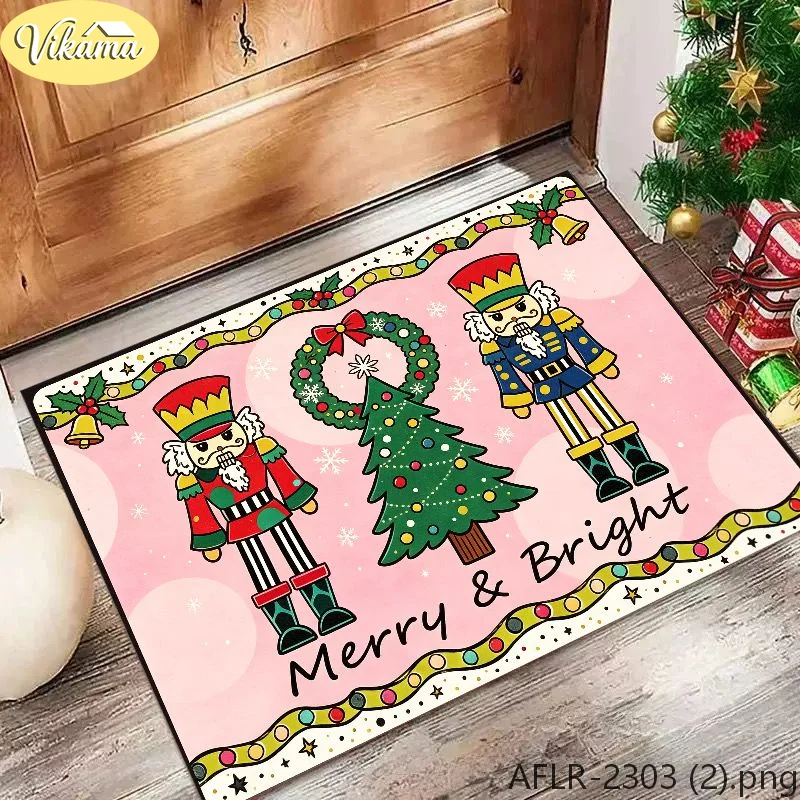 VIKAMA Christmas Doormat Nutcracker Tree Wreath Bells Sturdy Durable Door Mat for Outdoor Entrance Christmas Decor