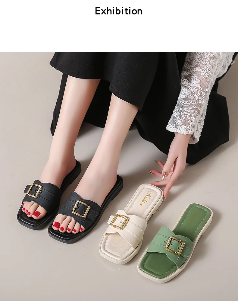 Frauen Flache Hausschuhe Sommer Leder Karree Frauen Wohnungen Flip-Flops Designer Damen Rutschen Sandalen Frauen Schuhe Luxus Sandalen – Detail 9