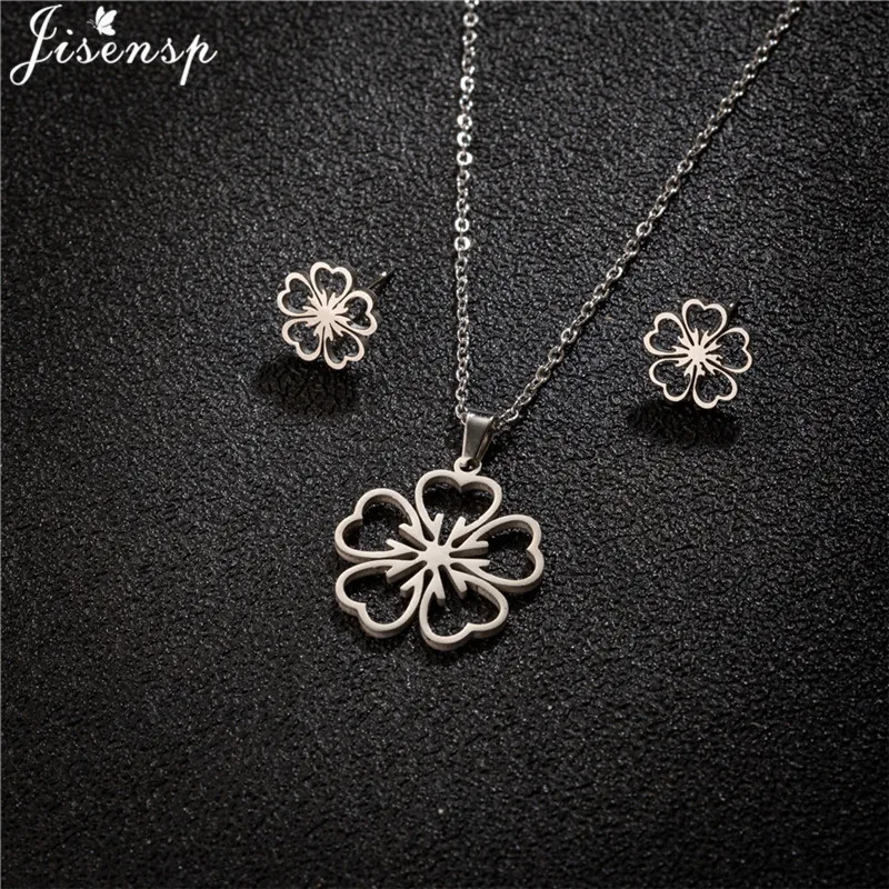 Boho Flower Stainless Steel Jewelry Sets Korean Fashion Sakura Lily Lotus Pendants Necklaces for Women boucle d'oreille femme