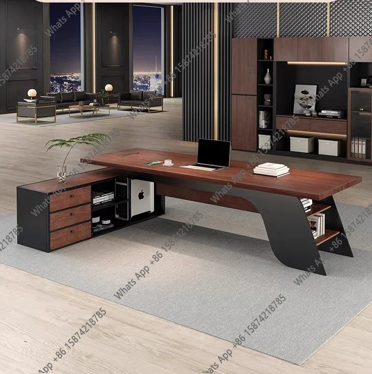 N62 Walnut office computer desk president manager office creative desk solid wood boss table with side cabinet