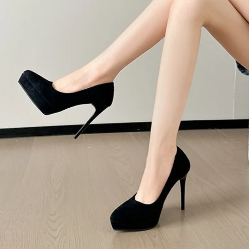 Super High Heel Single Shoes Autumn New Pointed Toe Shallow Suede Simple Platform Stiletto Heels