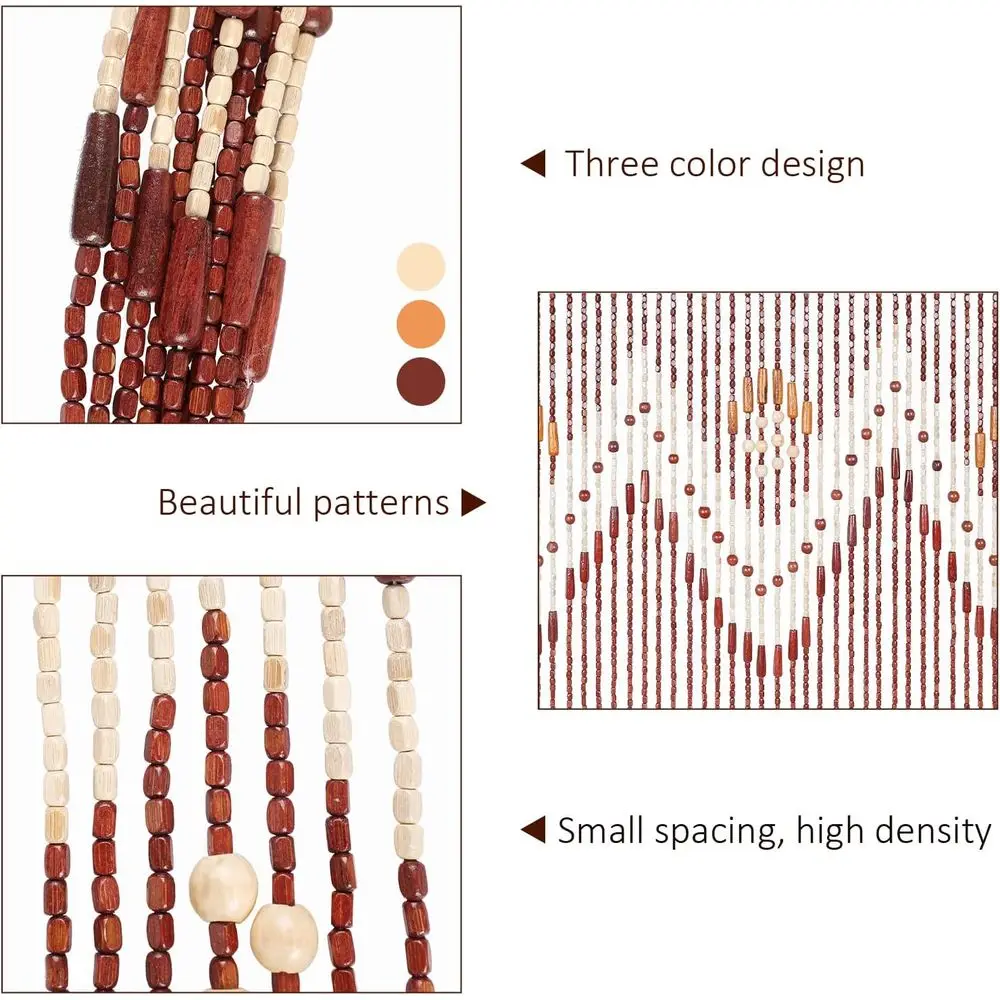 Cortina de contas de bambu feita à mão 35,5 x 75, 52 fios, contas de porta de madeira, divisor de quarto estilo hippie, marrom