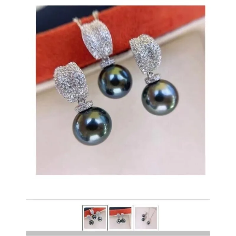 Gorgeous AAAAA 9-10mm Natural Tahitian Black Round Pearl Pendant Earrings Women's Set 925 Silver