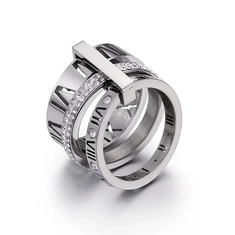 Stainless Steel Roman Numeral Shinny Zircon Rings Three Layers Ring for Women Men Couple Fashion Jewelry Gift