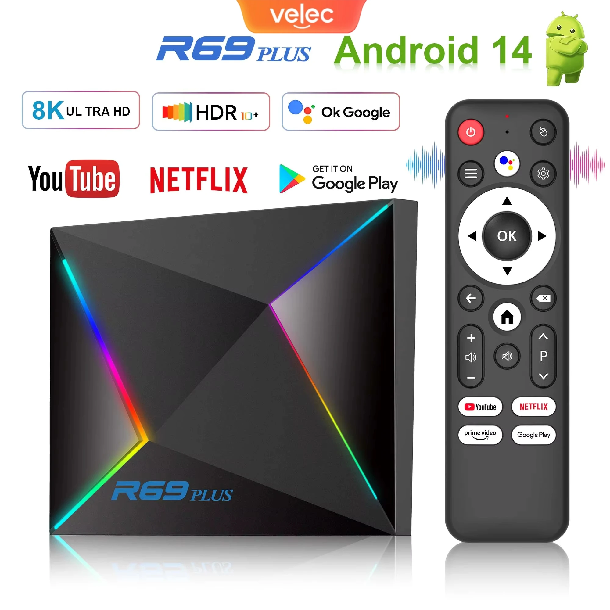 R69 Plus TV BOX Android 14 Allwinner H728 Googel Voice Wifi 6 Octa Core Cortex A53 8K BT5 NETFLIX 1000M Media Player Set Top Box