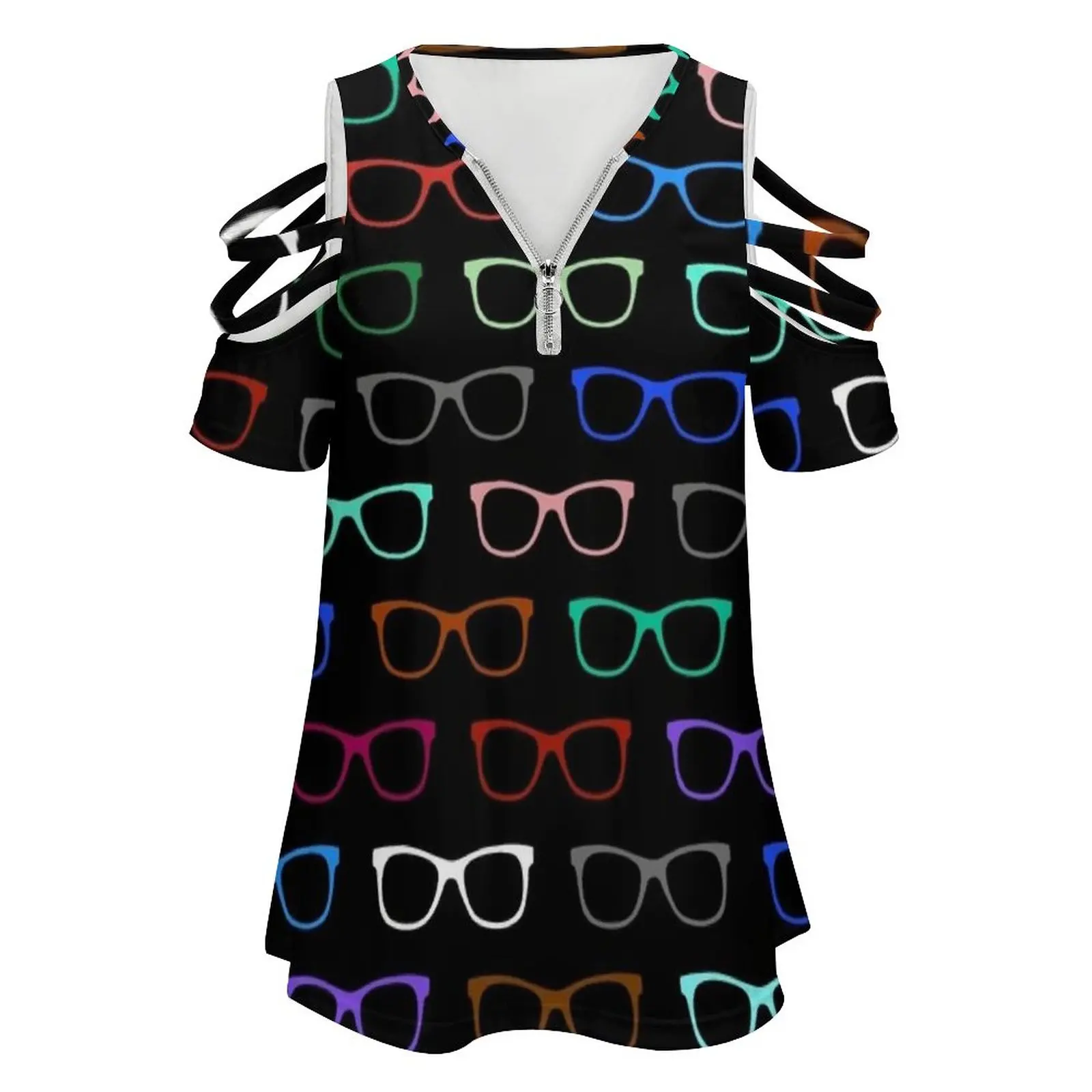 Hipster Colorful Eyeglasses Pattern Ii Women Zipper Sexy Printed Vintage T Shirts Tops Full Print T-Shirt Geeky Pattern Hipster