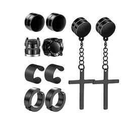 10 Pairs of fashionable men's round zircon asymmetric leaf stainless steel magnet earring set without ear holes Set 