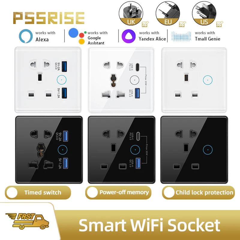 

PSSRISE Universal Plug Tuya WiFi Smart Socket Switch Quick Charge 3.0 USB Type C Port Outlet Via Alexa Google Home Voice Control