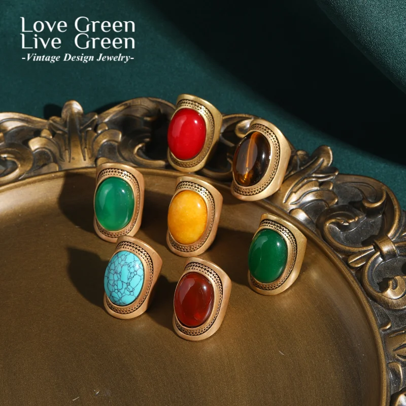 

Vintage Rings French Smooth Oval Turquoise Jewelry Natural Stone Green Yellow Luxury Exaggerate Women Wedding 2025 New Retro